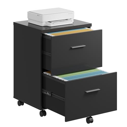 DEVAISE Wood File Cabinet, 2 Drawer Filing Cabinet for Home Office, Vertical File Cabinets with Wheels fits A4/Letter/Legal Size File, Black