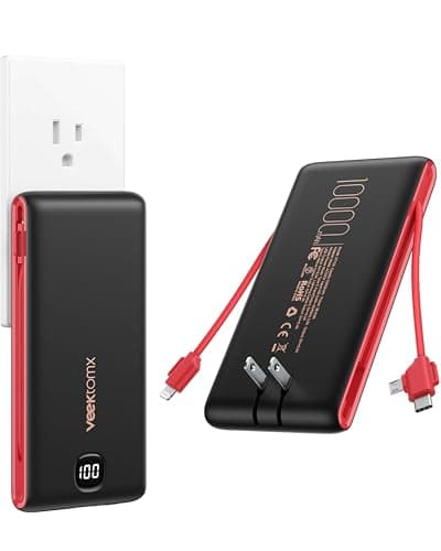VEEKTOMX Portable Charger with Built in Cables 10000mAh, Power Bank for iPhone with AC Wall Plug, Fast Charging USB C Slim Battery Pack with LED Display Compatible with iPhone 17/16/15/14, Samsung