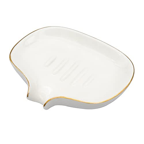 Polyroyal White Soap Dish Ceramic Self Draining Soap Dish Waterfall Slot Gold Edge Bathroom Accessories for Bathroom, Kitchen,Bar Counter