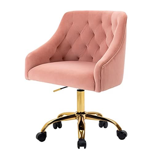 MOJAY Velvet Home Office Desk Chair, Vanity Chair with Wheels Pretty Fancy Gold 360°Swivel Height Adjustable Office Chairs for Girls Home Offices, Bedrooms, Living Room (Pink) 9