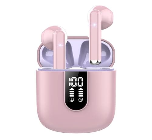 Jesebang Wireless Earbuds, 2024 Bluetooth 5.3 Headphones, Stereo Earphones with ENC Mic, Wireless Headphones in Ear Earbuds with Dual LED Display, 30H Playtime, Gym IP7 Waterproof, Pink