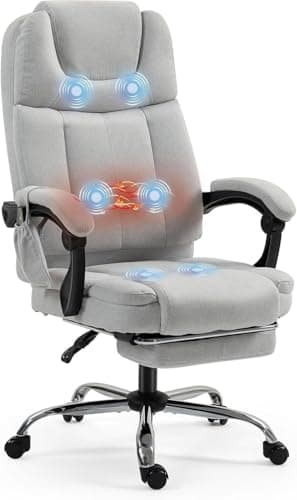 ECOTOUGE Massage Office Chair with Footrest, Ergonomic Adjustable Reclining Executive Heated Office Chair w/ 6 Vibration Points & Heat for Home Office, Light Grey