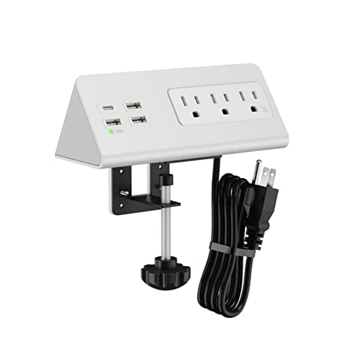 Nightstand Edge Mount Power Strip with USB-C Ports Tabletop Surge Protector Desk Clamp Power Sockets with 3 AC Outlets &4 Fast Charging USB Ports for Home Office Hotel and Dormitory