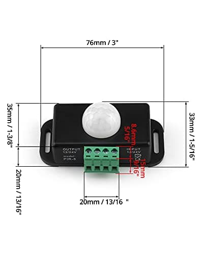 QWORK Motion Sensor LED Switch (2 Pack), 12-24V, 6A, Adjustable Delay Time, 5-8M Induction Distance, 60° Field of View, for LED Strip Lighting, Wall Mount, 3" 7