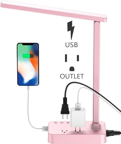 Drevet LED Desk Lamp, Desk Light with 1 USB Charging Port and 2 AC Power Outlet, 3 Lighting Modes, 3 Level Brightness,1H Timer, Touch Control, Eye-Caring Home Office Foldable Table Lamp (Pink)
