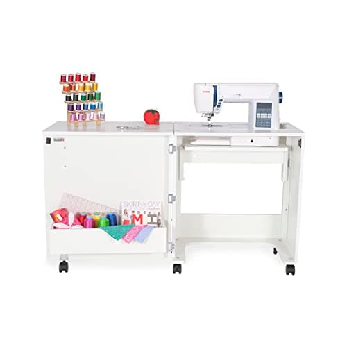 Arrow Sewing Classic Furniture “Judy” Sewing Cabinet: Portable, Folding, Compact, Locking Wheels, with Storage Bin and Hydraulic Machine Lift-White