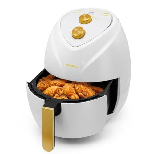 Holstein Housewares 4.8QT Air Fryer Golden Elegance. Hot Air Technology & PFOA Free Non Stick Coating for Less Oil Use with Led Display. No Pre Heating, Fry, Bake, Grill and Roast. White & Gold