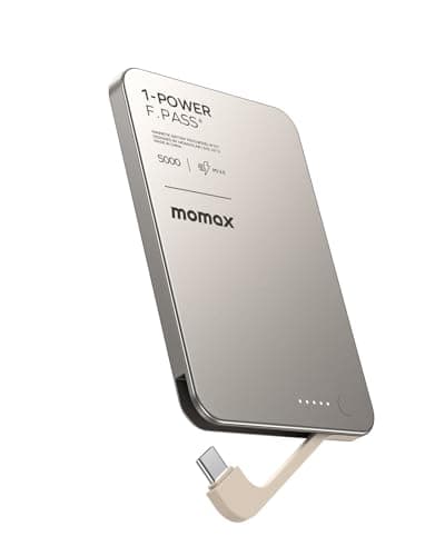 MOMAX 0.3" Slim Portable Charger with Built in Cable USB C Battery Pack (No Wireless) 5000mAh, PD 20W Fast Charging Power Bank for iPhone 17/16/15, Samsung Galaxy, Google Pixel, Android, iPad, AirPods