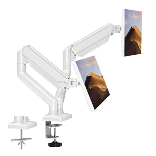 ErgoFocus Dual Monitor Mount Fits 13 to 32 Inch Computer Screen, Dual Monitor Arm Hold 4.4-19.8lbs Each, Full Motion Monitor Desk Mounts for 2 Monitors, Gas Spring Monitor Stand, VESA Mount, White