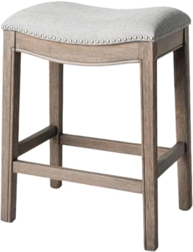 Maven Lane Adrien Backless Counter Stool – 26 Inches – Saddle Stool with Footrest – Grey Solid Wood Frame & Grey Fabric Upholstery – Perfect for Kitchen Islands & Counters