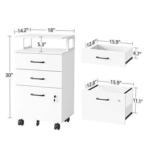 FEZIBO File Cabinet with Lock for Home Office, 3-Drawer Rolling Filing Cabinet, Home Office File Cabinet for A4/Letter/Legal Size, Printer Stand, Wooden Storage Cabinet, White 3