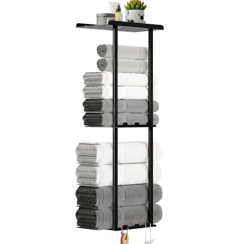 KISENG Towel Racks for Bathroom, 3 Tier Metal Towel Holder, with Shelf & 6 Hooks, 29 inch Wall Mounted Towel Storage, 6 Large Bath Towels Capacity,Small Bathroom Towel Rack for Rolled Towels, Black