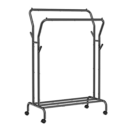 SONGMICS Clothes Rack, Double-Rod Clothing Rack for Hanging Clothes with Wheels, Garment Rack, Metal Frame, 220 lb Max. Total Load, 40.7 Inches Wide, Clothes Storage and Display, Black UHSR107B01