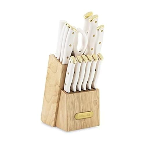 FARBERWARE 15-Piece Knife Block Set, Triple-Riveted High-Carbon Stainless Steel Kitchen Knives, Razor Sharp Blades, Wood Storage Block, White/gold