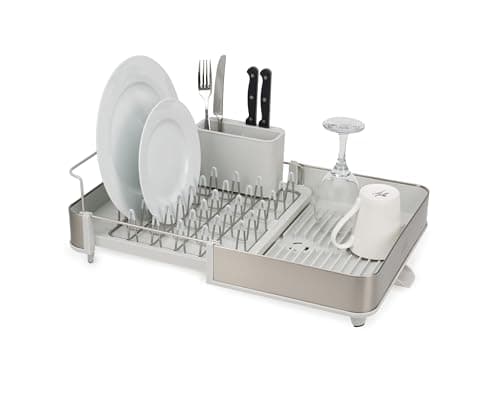 Joseph Joseph Extend Steel Expandable Dish Drying Rack with Removable Cutlery Holder Swivel Draining Spout, Stainless Steel
