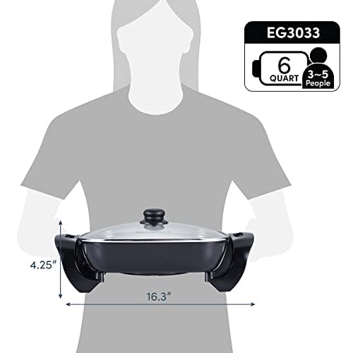 Elite Gourmet EG3033 12"x12"x2.35” Healthy Ceramic with Titanium Coated Scratch Resistant Electric Skillet, Dishwasher Safe, Rapid Heat Up, 1200W, Dark Grey, 6 Quart 10
