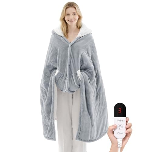 Heated Blanket Wearable Electric Blanket with Hood and Pockets, Heating Throw Blanket, Electric Heated Wrap Shawl with 6 Heating Levels Setting & 4 Hours Auto Shut Off, Machine Washable(Shrot, Grey)