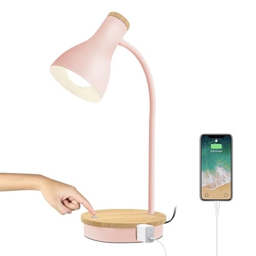 LALISU Metal Desk Lamp Wireless Charging Table Lamp Touch Reading Lights Arc Desk Lamps for Bedroom, 3 Way Dimmable Bedside Lamp with USB Charging Ports Lamp for Study Room and Office (Touch-Pink)