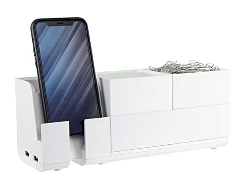 Bostitch Office Konnect Desk Organizer and Charging Station, 2 USB Ports & 2 Plugs, Charges Phones & Tablets, Accessory Tray, 4-Piece Design, White