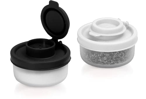 SIGNORAWARE Salt and Pepper Shakers Moisture Proof Set of 2 Small Mini Salt Shaker to go Camping Picnic Outdoors Kitchen Lunch Boxes Travel Spice Set Clear with Red Covers Plastic Airtight Dispenser