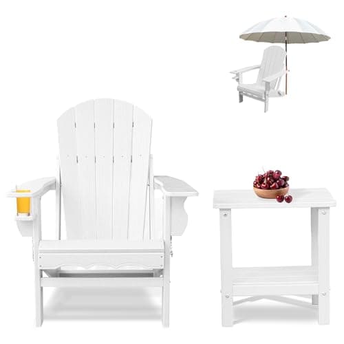 CLOUDEEP Folding Adirondack Chairs with Side Table, White Adirondack Chairs Weather Resistant, Outdoor Fire Pit Chairs for Patio Garden and Deck