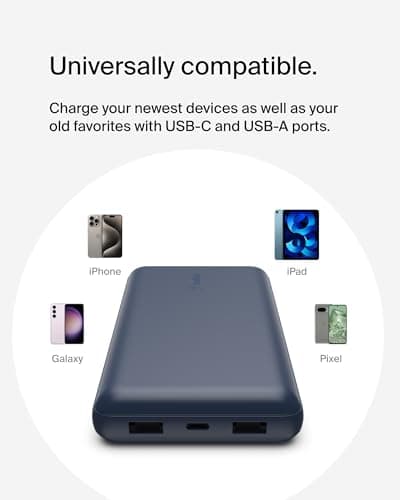 Belkin Portable Charger, USB C Power Bank 20000 mAh w/ 2 USB-A Ports, 15W w/ Type-A to Type-C Cable - iPhone 17, Air, Pro, Pro Max, AirPods, Samsung Galaxy S25, S24, Google Pixel 10, iPad, etc. - Blue 8