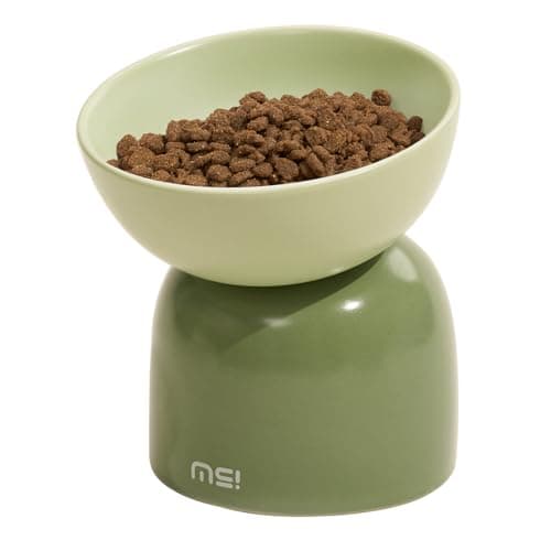Elevated Ceramic Cat Food Bowl - 5.5" Wide Dish for Whikser Friendly, 6.6" Height for Easy Feeding, Lead & Cadmium Free, Durable Raised Cat Food Bowls, Green