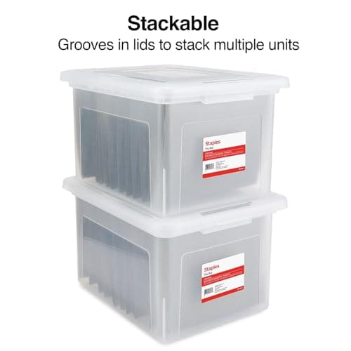 STAPLES Hanging File Folder Box, Storage Bin Organizer, Snap Lid, Letter & Legal Size Documents, Clear 5