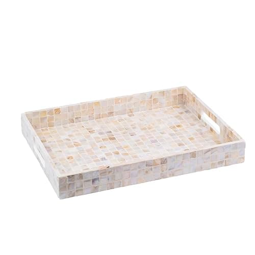 PEMAR Rectangular Mother of Pearl Serving Tray Nacre Wood Lap Ottoman Tray for Coffee Table, Luxury Decorative Handmade Eating Platters w Insert Handles (White Cream)