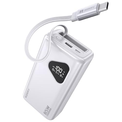 RORRY Laptop Power Bank, 25000mAh 65W Portable Laptop Charger Battery Bank PD Fast Charger Built in Retractable Cables, for iPhone 17/16/15 Series, MacBook, Samsung, Dell, XPS, iPad, Steam Deck, White