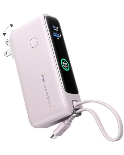 INIU 3-in-1 Portable Charger, Small 10000mah 30W Fast Charging Power Bank with Built-in USB C Cable and Foldable AC Plug, Flight Family Travel Essentials for College Students Teen Boys Girls, Purple