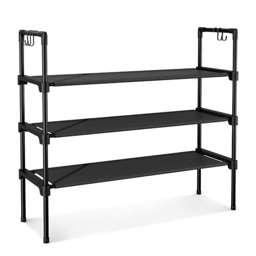 LANTEFUL 3 Tier Shoe Rack for Closet, Shoe Organizer with 5 Hooks, Long Shoe Shelf Storage for Sneaker and Boot Stackable Free Standing Shoe Rack for Entryway, Garage, Small Spaces, Dorm 8