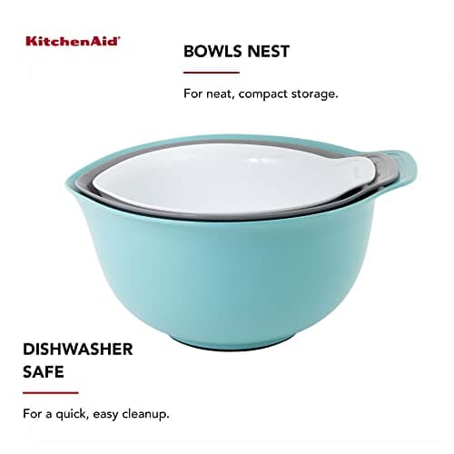 KitchenAid Universal Nesting Plastic Mixing Bowls, Set Of 3, 2.5 quart, 3.5 quart, 4.5 quart, Non Slip Base with Easy Pour Spout to Reduce Mess, Dishwasher Safe, Aqua Sky, White, Gray 5