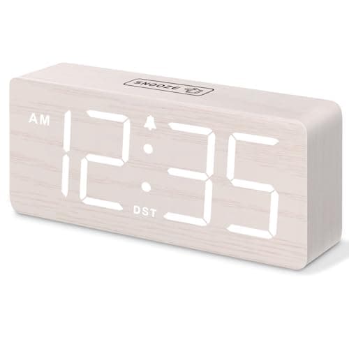 DreamSky Wooden Digital Alarm Clock for Bedroom - Desk Clock for Living Room with Large Numbers, Dimmer, Loud Alarm for Heavy Sleepers with Volume Control, DST, Office Wood Decor (Plug in Clock)