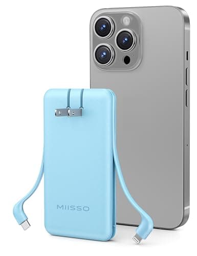 miisso Ultra Slim 10000mAh Power Bank Built-in Cables and Foldable AC Wall Plug, Pocket Size USB C Portable Charger, External Battery Pack Compatible with iPhone Samsung, Blue