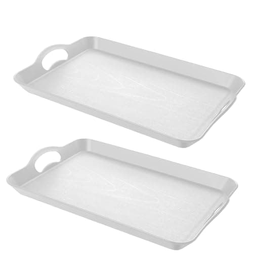 Armrouns 2PC White Serving Trays with Handles, 16 x 11.2 inch Rectangular Non Skid Multi-Purpose Plastic OttomanTray for Restaurant, Parties, Coffee Table, Kitchen