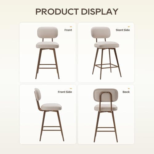 MALOL 26“ Swivel Bar Stools Set of 2, Mid Century PU Leather Counter Height Bar Chairs with Low Back and Metal Legs, Modern Bar Stool Chair for Kitchen Island, Beige 7