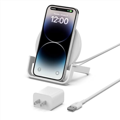 Belkin Quick Charge 10W Wireless Charger - Qi-Certified Charger Stand for iPhone, Samsung Galaxy - Charge While Listening to Music, Streaming Videos, & Video Calling - Includes AC Adapter - White
