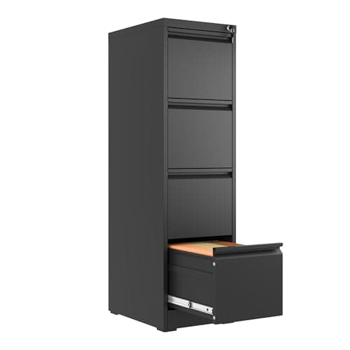 FLIXELIO 4 Drawer File Cabinet with Lock,Metal Vertical Filing Cabinets for Home Office,Heavy Duty File Storage Cabinet for Letter/Legal/A4/F4 Size File,Assembly Require (Black, Vertical 4 Drawer)