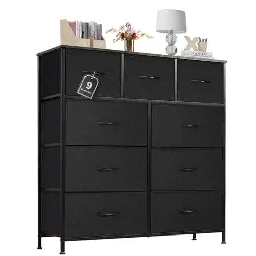 Atilioo Dresser for Bedroom with 9 Drawers, Anti-Tip Tall Fabric Chests Storage Organizer Tower Furniture with Wooden Top Metal Frame for Clothes, Closet, Living Room, Hallway, Entryway