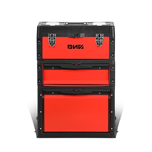‎DNA MOTORING 19.5" x 28.5" x 12" ‎3-Tier Stackable Separate Hand Case Tool Boxes Trolley, 3-in-1 Storage Compartments, Red, TOOLS-00222