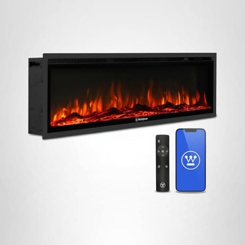 Westinghouse 50 Inch Electric Fireplace Heater, Compatible with Alexa & Google Home, Wall Mount or in-Wall Recessed Fireplace Insert, 24 Hour Timer, Color Changing Flames, 750W/1500W Indoor Heater 10