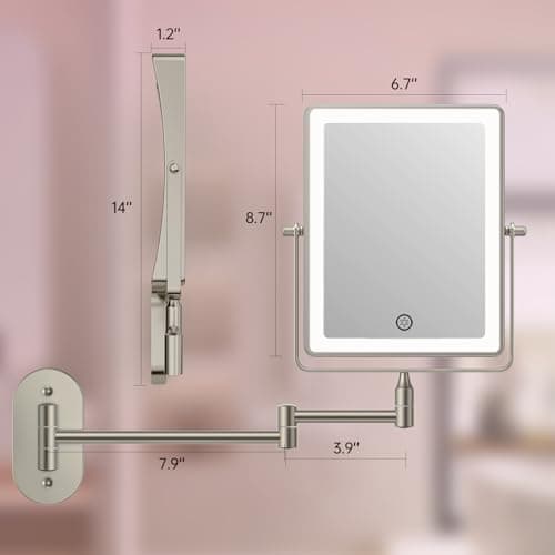 FASCINATE Rechargeable Wall Mounted Makeup Mirror, 8.7" Double Sided Touch Switch 1X 10X Rectangle Magnifying Mirror Wall Mounted, 3 Color Setting, Extended Arm 360° Swivel Foldable Nickel 7