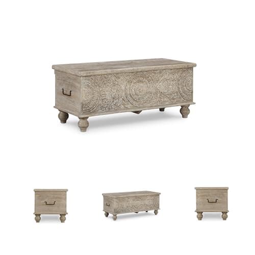 Signature Design by Ashley Fossile Ridge Boho Carved Wood Storage Bench with Hinge Top, Beige 5