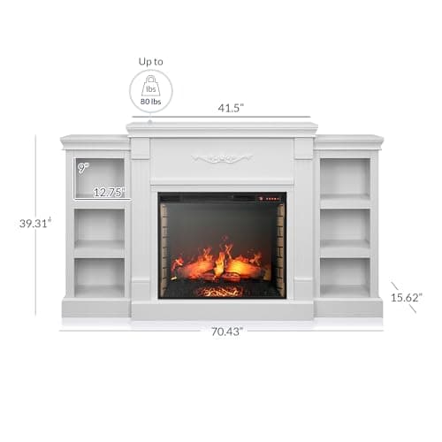 BELLEZE Modern 70" Electric Fireplace Heater Mantel TV Stand & Media Entertainment Center for TVs up to 68" with Energy-Efficient Heater with Sound and Side Book Shelves - Lenore (White) 5