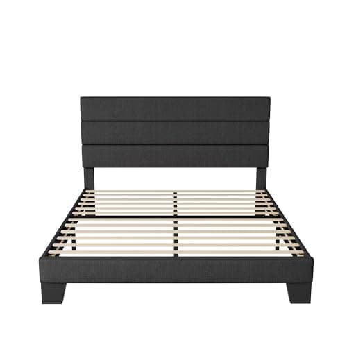 Allewie Queen Size Platform Bed Frame with Fabric Upholstered Headboard and Wooden Slats Support, Fully Upholstered Mattress Foundation/No Box Spring Needed/Easy Assembly, Dark Grey 8