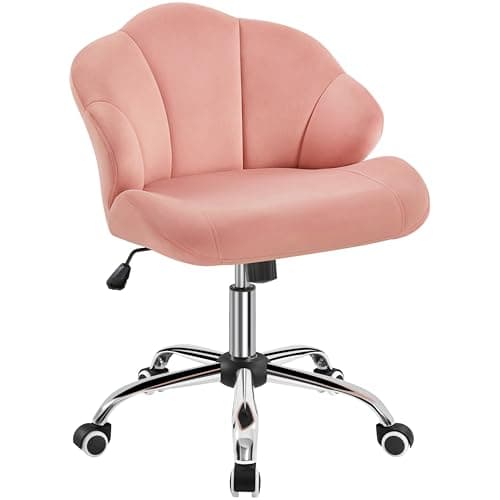 Yaheetech Vanity Chair with Shell-Shaped Back, Velvet Home Office Desk Chair with Adjustable Height for Bedroom, Makeup Swivel Chair with Rolling Wheels Pink