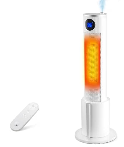 Rellytech Space Heater with Humidifier - Portable Tower Heater for Indoor Use with 1L Water Tank, Space Heater Large Room, Office, Bedroom, Oscillation, 3 Heating Modes, 12H Timer, Tip-over Protection