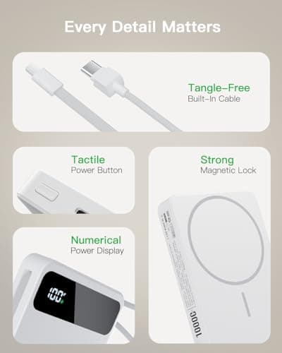 Magnetic Power Bank, 10,000mAh Wireless Portable Charger for Mag-Safe 15W Fast Charging, Battery Pack with USB-C Cable 20W In/Out for iPhone 17e/Air/17/16/15/14/13/12/Plus/Pro/Pro Max, AirPods & More 7