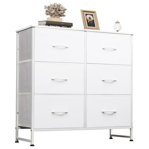 WLIVE White Dresser for Bedroom with 6 Fabric Drawers, Closet Dresser with Metal Frame, Wooden Top, Chest of Drawers for Closet, Living Room, Hallway